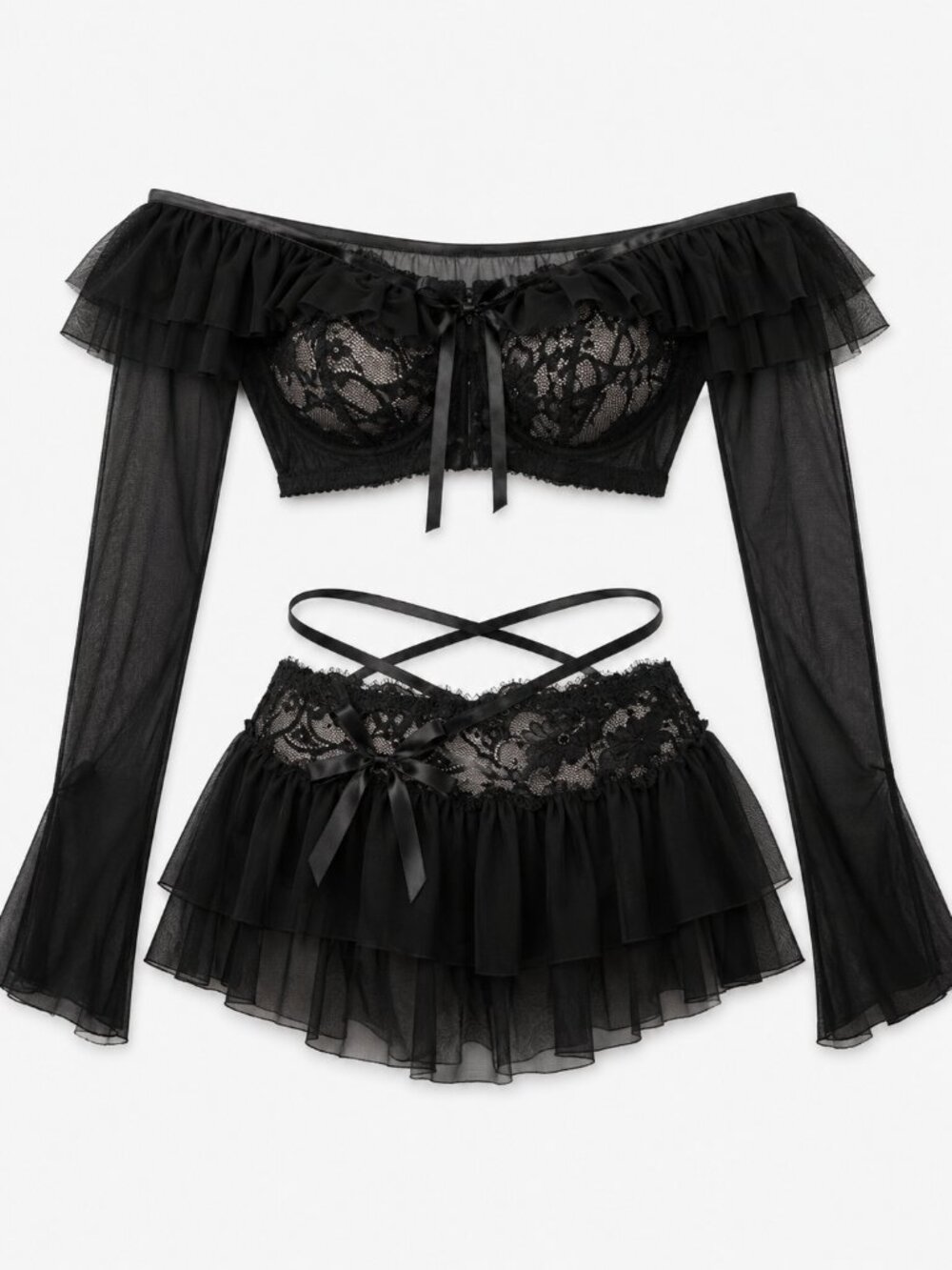 Sexy Black Lace Mesh Babydoll Lingerie Set Ruffle Trim Sheer See Through Nightwe